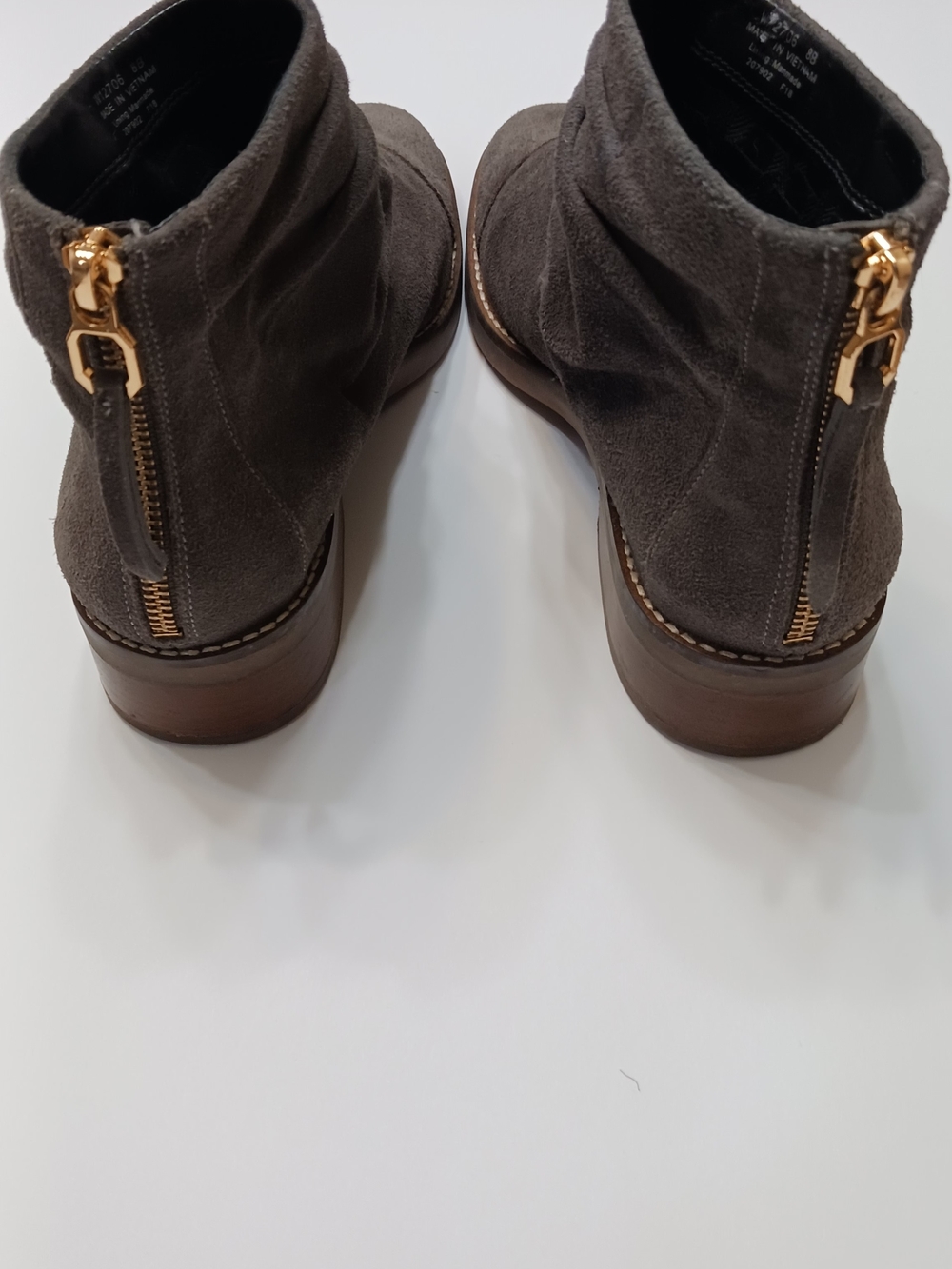 Cole Haan Dark Taupe Suede Ankle Booties with Gold Back Zipper